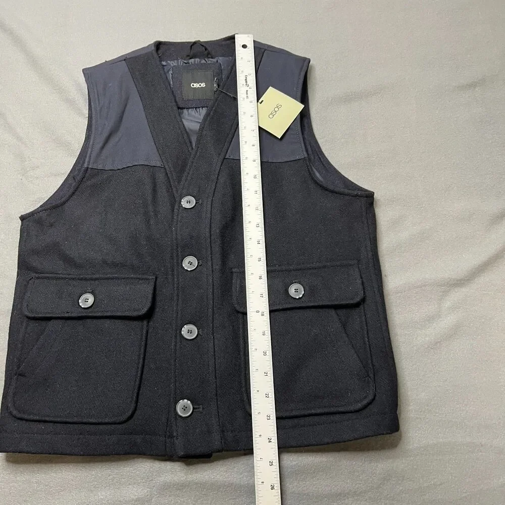 ASOS Vest Men's Medium Black Wool Blend Sleeveless Classic Outdoor Button Front - Picture 9 of 11